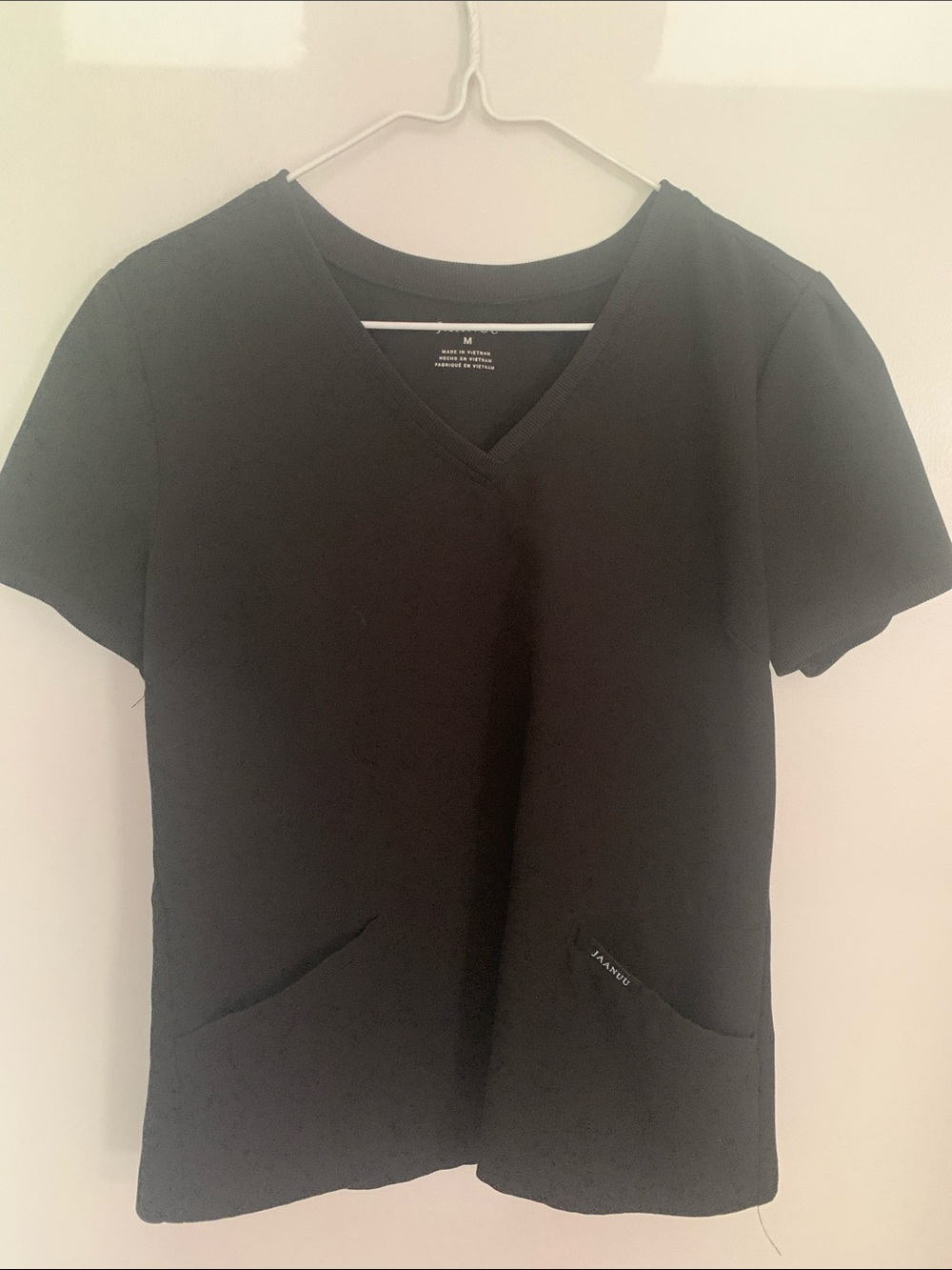Jaanuu Black Scrub V-Neck Short Sleeve Top with Front Pockets